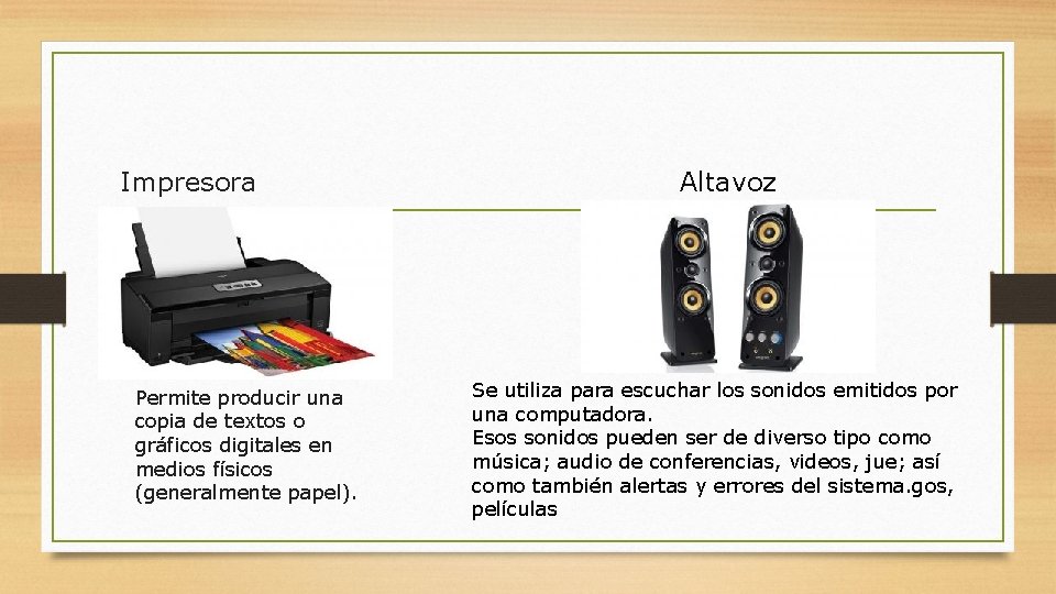 Impresora Permite producir una copia de textos o gráficos digitales en medios físicos (generalmente