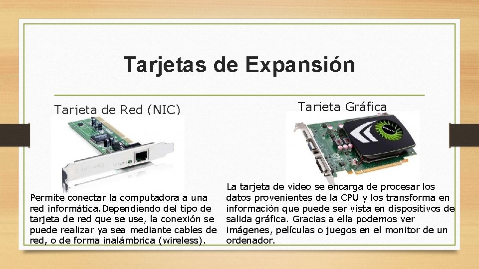 Tarjetas de Expansión Tarjeta de Red (NIC) Tarjeta Gráfica La tarjeta de video se