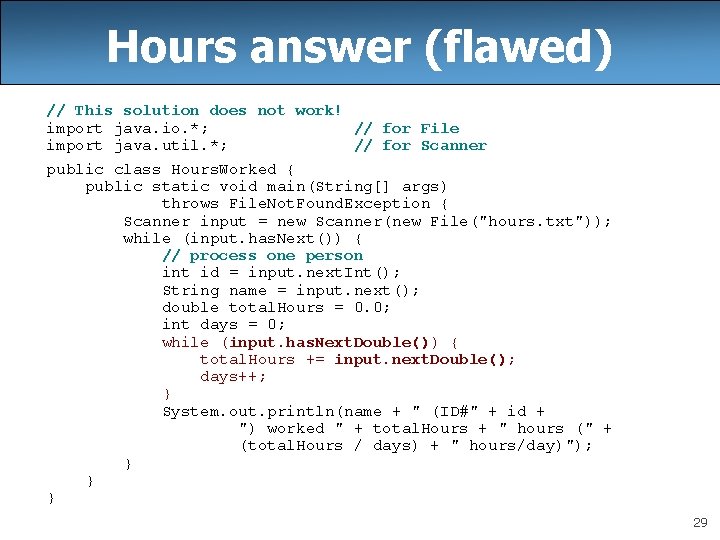 Hours answer (flawed) // This solution does not work! import java. io. *; //