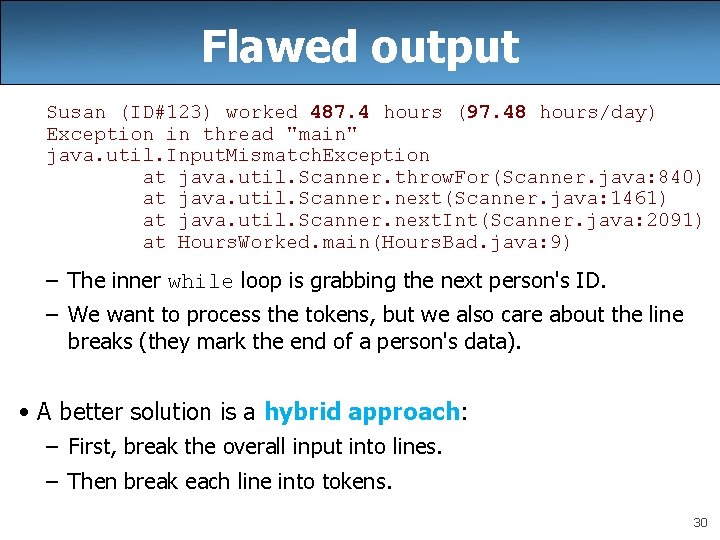 Flawed output Susan (ID#123) worked 487. 4 hours (97. 48 hours/day) Exception in thread