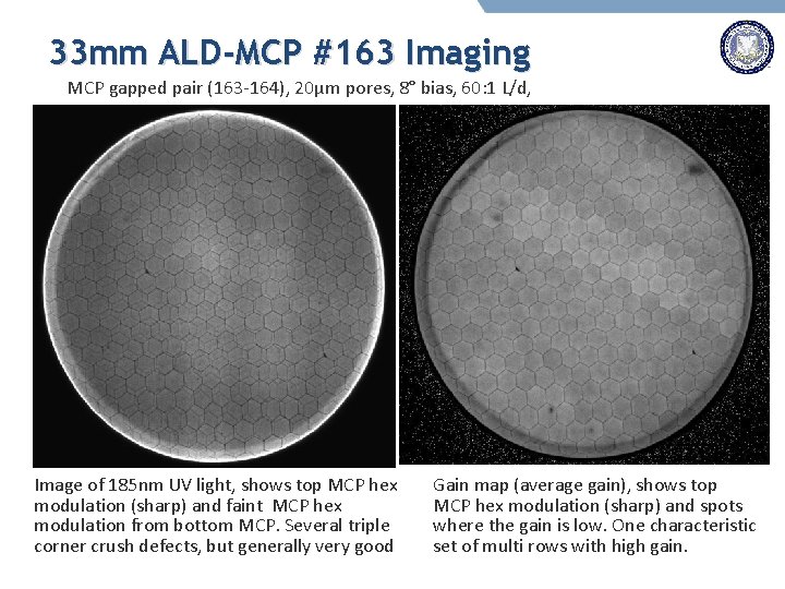 33 mm ALD-MCP #163 Imaging MCP gapped pair (163 -164), 20µm pores, 8° bias,