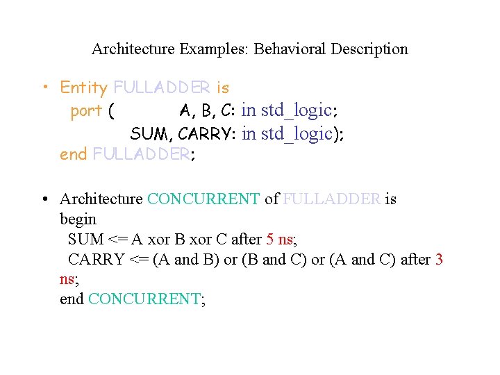 Architecture Examples: Behavioral Description • Entity FULLADDER is port ( A, B, C: in