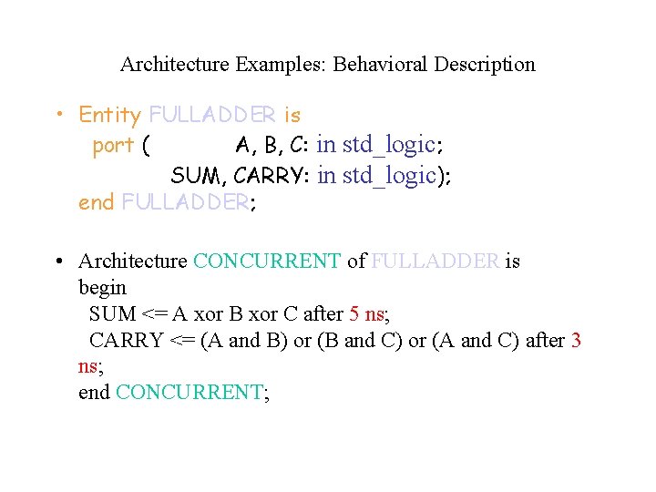 Architecture Examples: Behavioral Description • Entity FULLADDER is port ( A, B, C: in Architecture Examples: Behavioral Description • Entity FULLADDER is port ( A, B, C: in
