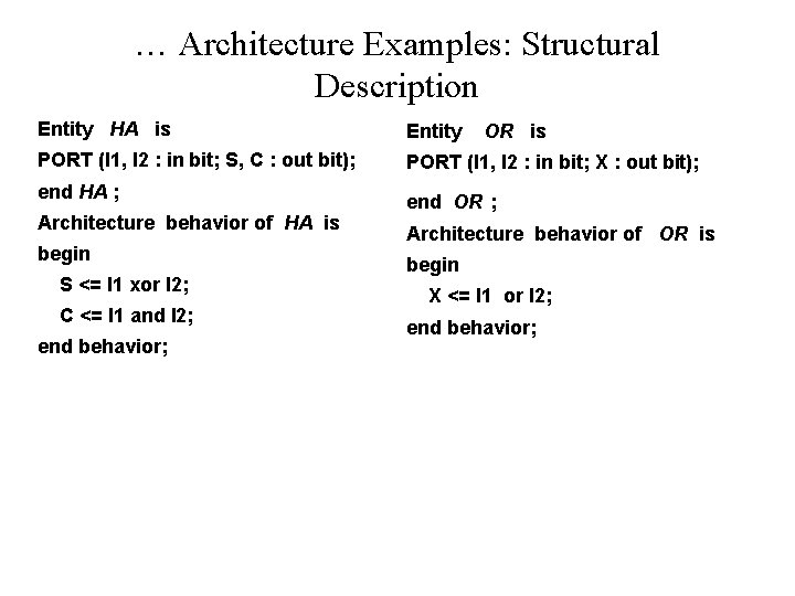 … Architecture Examples: Structural Description Entity HA is Entity PORT (I 1, I 2 … Architecture Examples: Structural Description Entity HA is Entity PORT (I 1, I 2