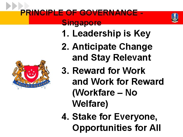 PRINCIPLE OF GOVERNANCE Singapore 1. Leadership is Key 2. Anticipate Change and Stay Relevant