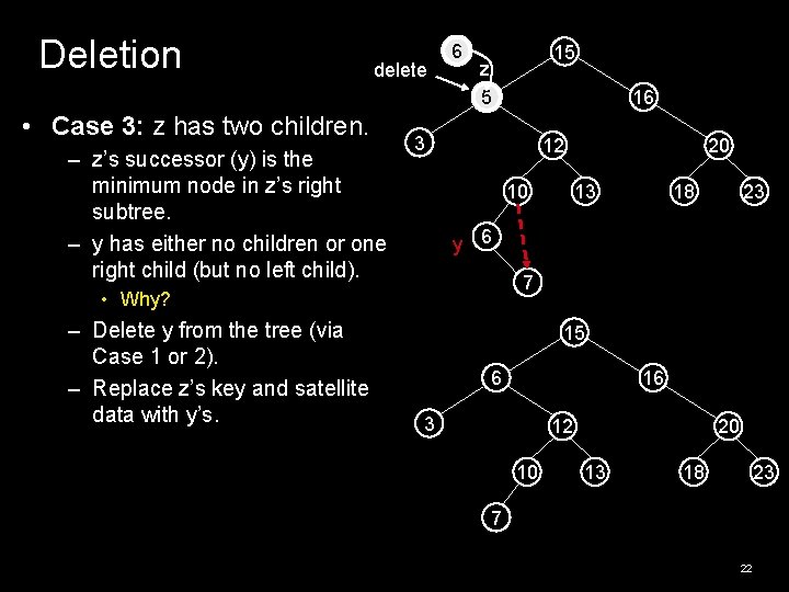 Deletion delete • Case 3: z has two children. – z’s successor (y) is Deletion delete • Case 3: z has two children. – z’s successor (y) is