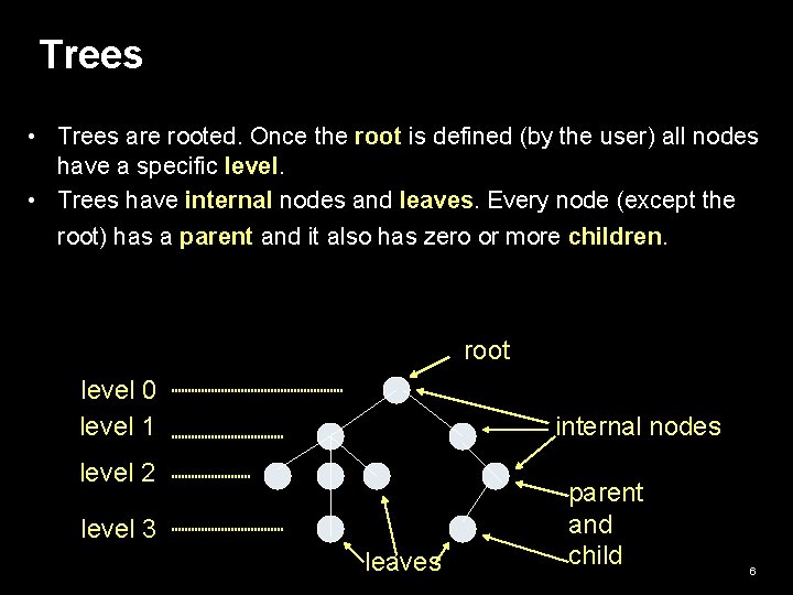 Trees • Trees are rooted. Once the root is defined (by the user) all Trees • Trees are rooted. Once the root is defined (by the user) all