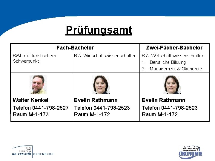 Prüfungsamt Fach-Bachelor BWL mit Juristischem Schwerpunkt B. A. Wirtschaftswissenschaften Walter Kenkel Evelin Rathmann Telefon