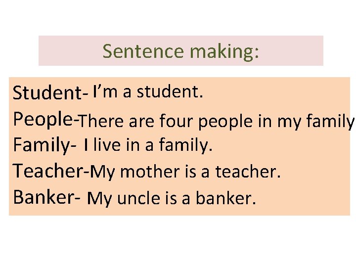 Sentence making: Student- I’m a student. People-There are four people in my family. Family-