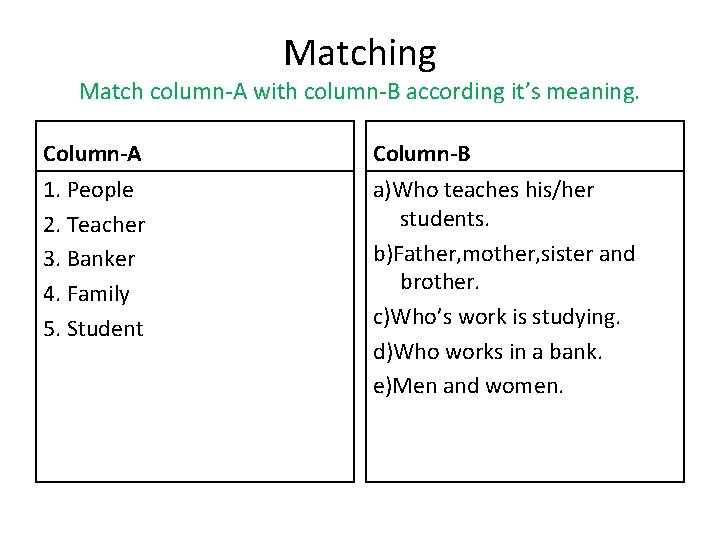 Matching Match column-A with column-B according it’s meaning. Column-A Column-B 1. People 2. Teacher