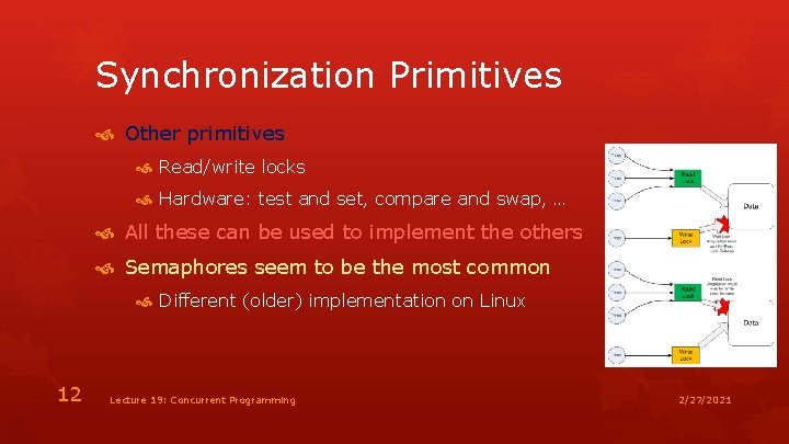 Synchronization Primitives Other primitives Read/write locks Hardware: test and set, compare and swap, …