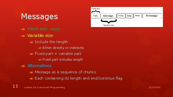 Messages Fixed size: easy Variable size Include the length Either directly or indirectly Fixed