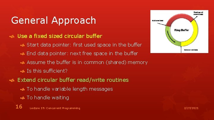 General Approach Use a fixed sized circular buffer Start data pointer: first used space