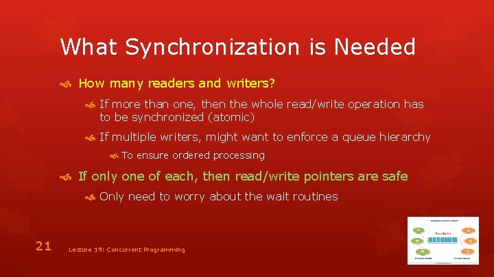 What Synchronization is Needed How many readers and writers? If more than one, then