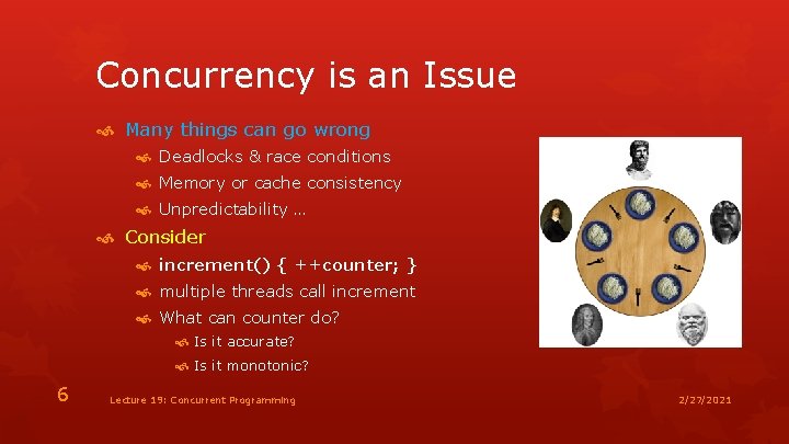 Concurrency is an Issue Many things can go wrong Deadlocks & race conditions Memory