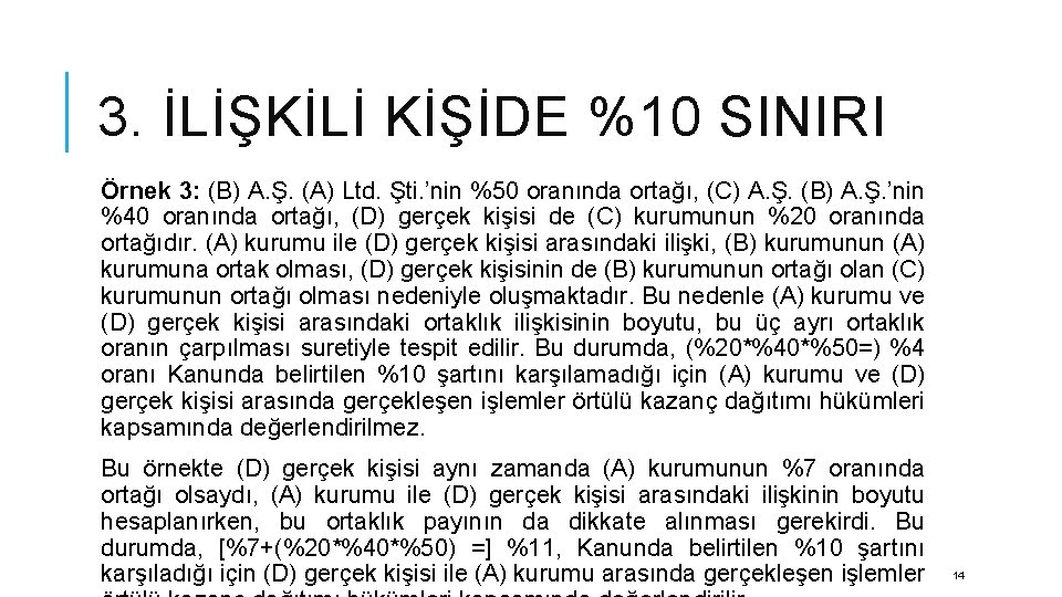 3. İLİŞKİLİ KİŞİDE %10 SINIRI Örnek 3: (B) A. Ş. (A) Ltd. Şti. ’nin