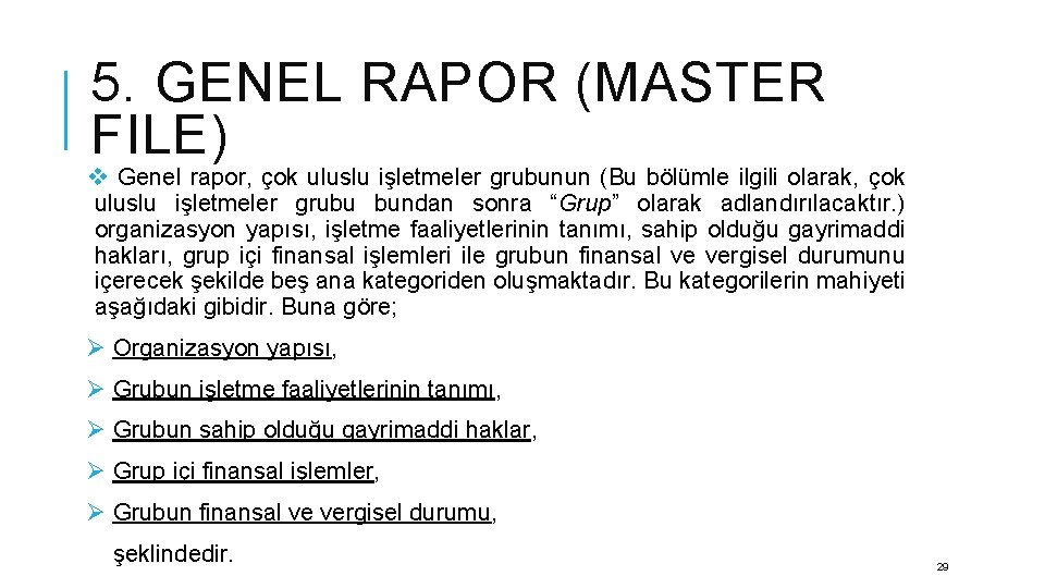 5. GENEL RAPOR (MASTER FILE) v Genel rapor, çok uluslu işletmeler grubunun (Bu bölümle