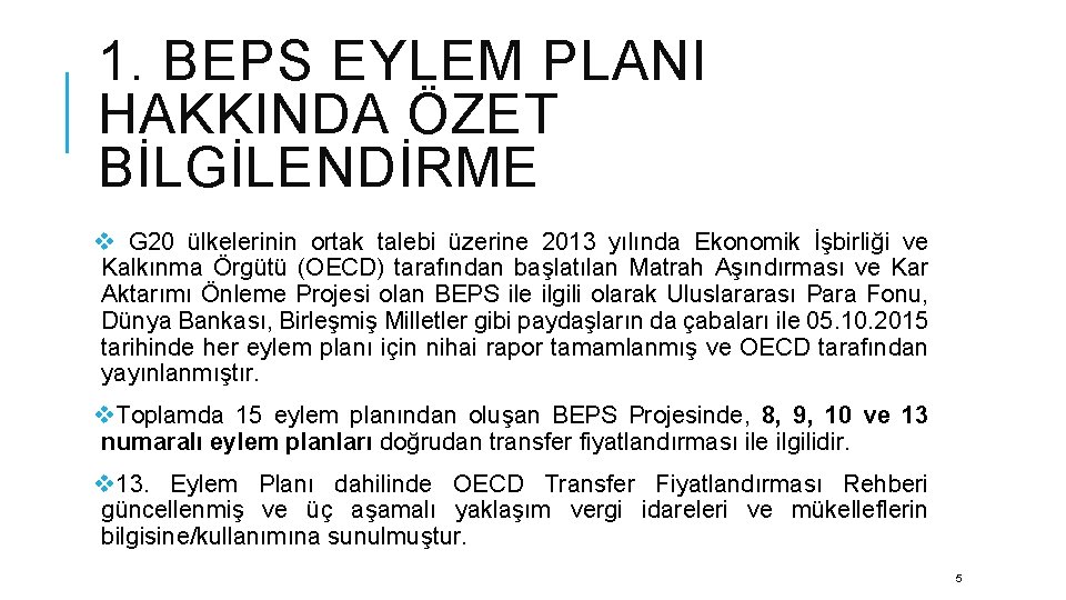 1. BEPS EYLEM PLANI HAKKINDA ÖZET BİLGİLENDİRME v G 20 ülkelerinin ortak talebi üzerine