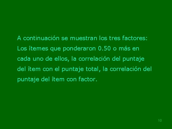 A continuación se muestran los tres factores: Los ítemes que ponderaron 0. 50 o