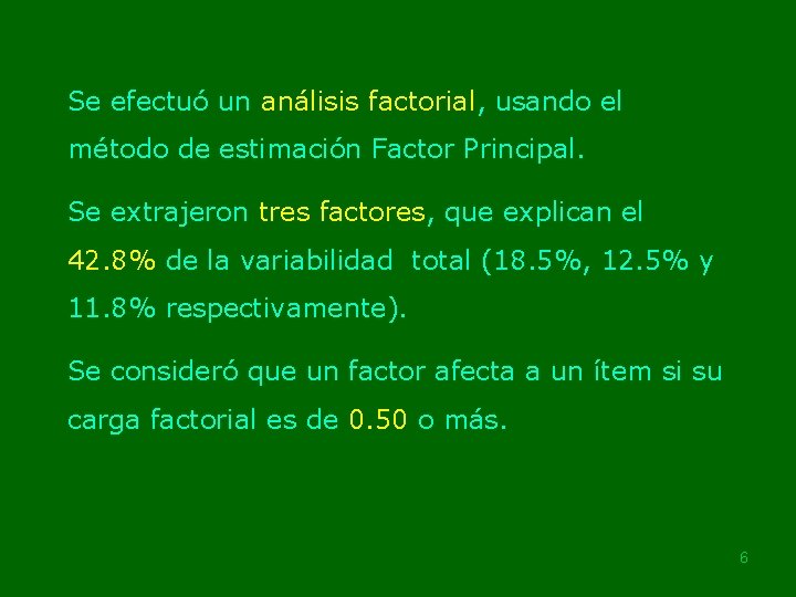 Se efectuó un análisis factorial, usando el método de estimación Factor Principal. Se extrajeron