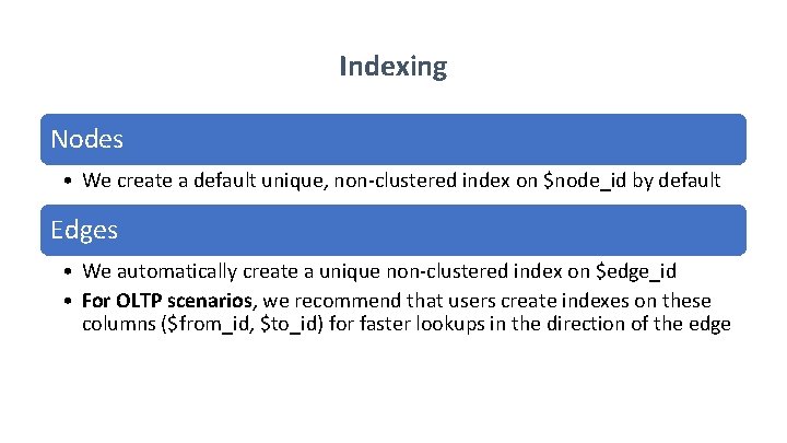 Indexing Nodes • We create a default unique, non-clustered index on $node_id by default