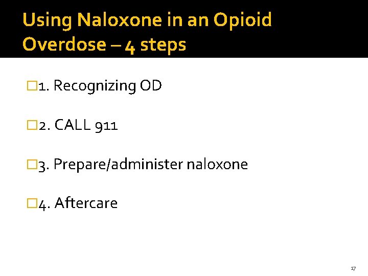 Using Naloxone in an Opioid Overdose – 4 steps � 1. Recognizing OD �