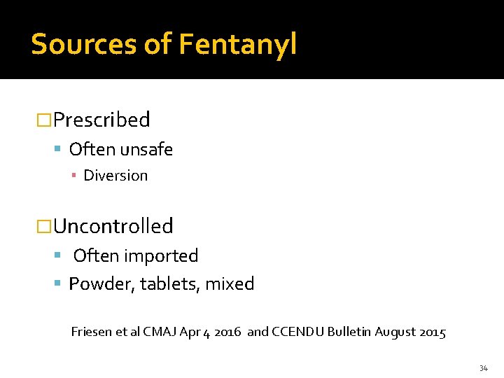 Sources of Fentanyl �Prescribed Often unsafe ▪ Diversion �Uncontrolled Often imported Powder, tablets, mixed