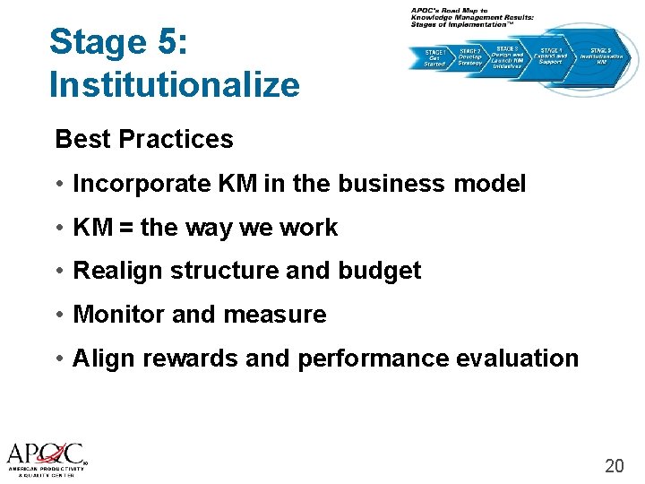 Stage 5: Institutionalize knowledge management Best Practices • Incorporate KM in the business model