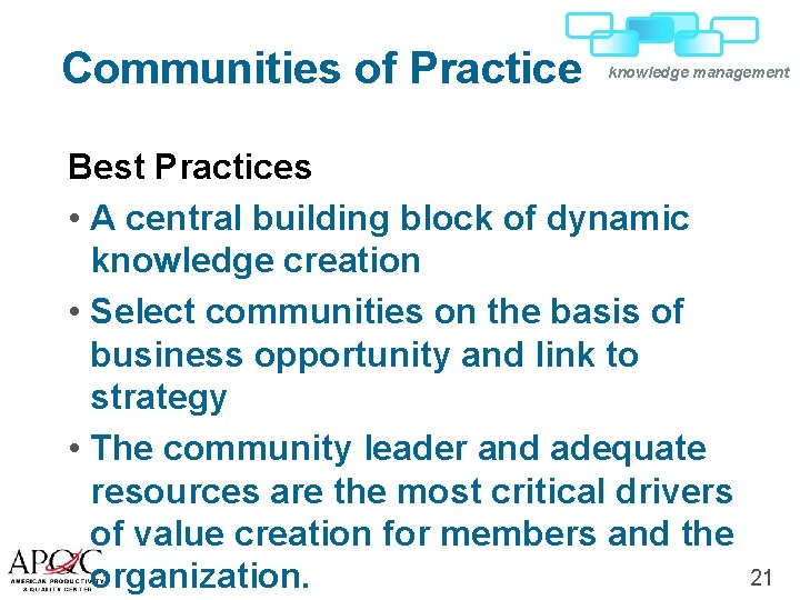 Communities of Practice knowledge management Best Practices • A central building block of dynamic