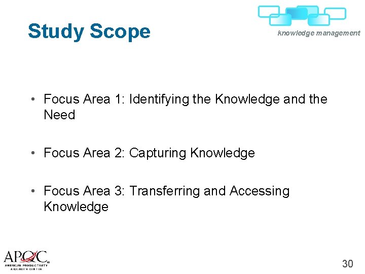 Study Scope Focus Area One knowledge management • Focus Area 1: Identifying the Knowledge