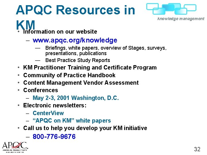 APQC Resources in KM • Information on our website knowledge management – www. apqc.