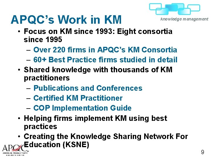 APQC’s Work in KM knowledge management • Focus on KM since 1993: Eight consortia