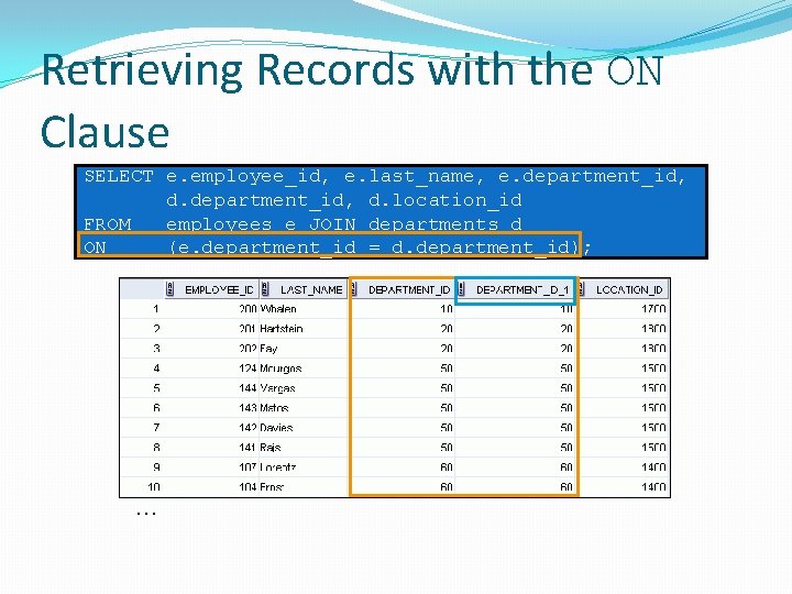 Retrieving Records with the ON Clause SELECT e. employee_id, e. last_name, e. department_id, d.