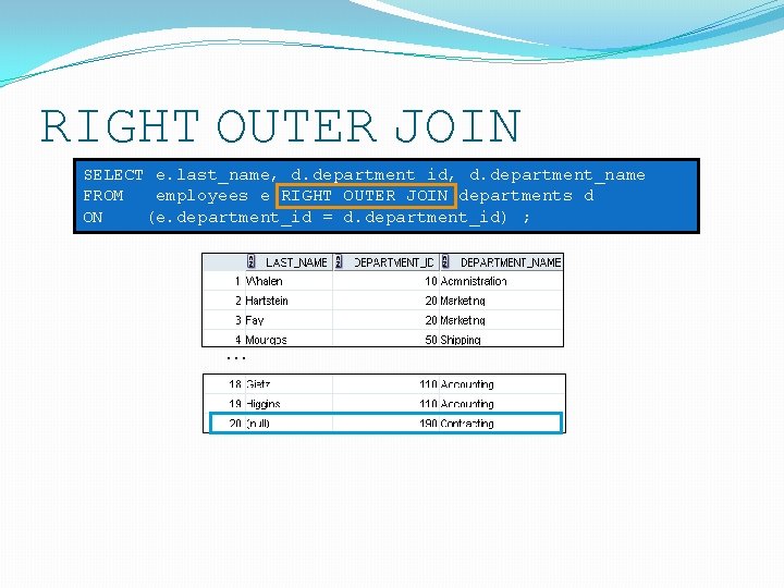 RIGHT OUTER JOIN SELECT e. last_name, d. department_id, d. department_name FROM employees e RIGHT