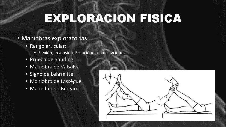 EXPLORACION FISICA • Maniobras exploratorias: • Rango articular: • Flexión, extensión, Rotaciónes e inclinaciones.