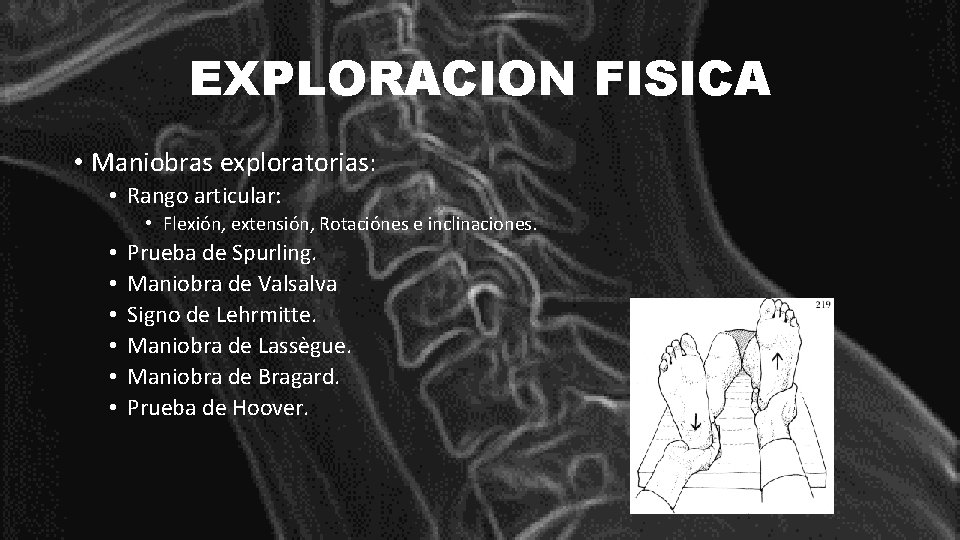 EXPLORACION FISICA • Maniobras exploratorias: • Rango articular: • Flexión, extensión, Rotaciónes e inclinaciones.