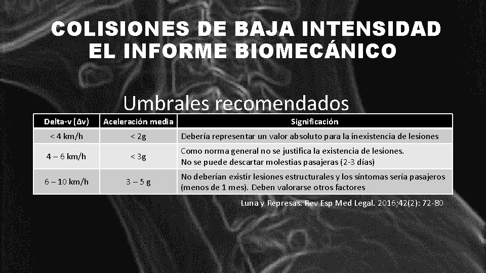COLISIONES DE BAJA INTENSIDAD EL INFORME BIOMECÁNICO Umbrales recomendados Delta-v (Δv) Aceleración media Significación