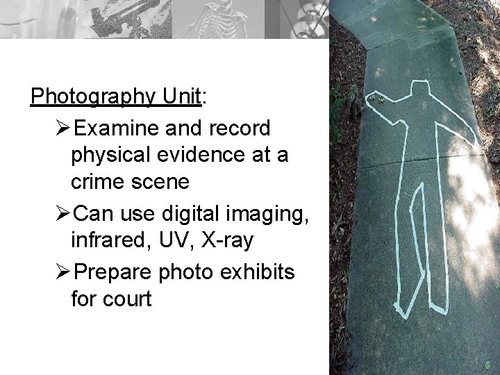 Photography Unit: ØExamine and record physical evidence at a crime scene ØCan use digital