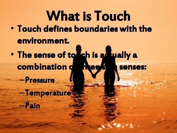 What is Touch • Touch defines boundaries with the environment. • The sense of