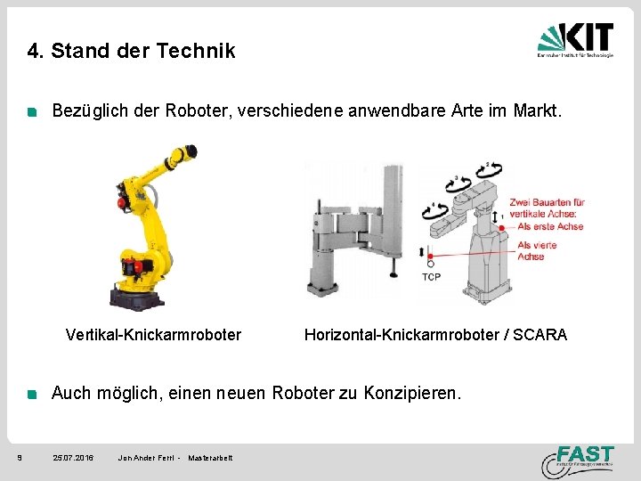 4. Stand der Technik Bezüglich der Roboter, verschiedene anwendbare Arte im Markt. Vertikal-Knickarmroboter Horizontal-Knickarmroboter