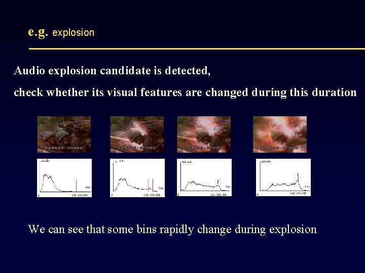 e. g. explosion Audio explosion candidate is detected, check whether its visual features are