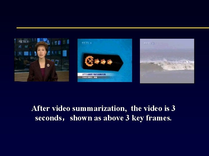 After video summarization, the video is 3 seconds，shown as above 3 key frames. 