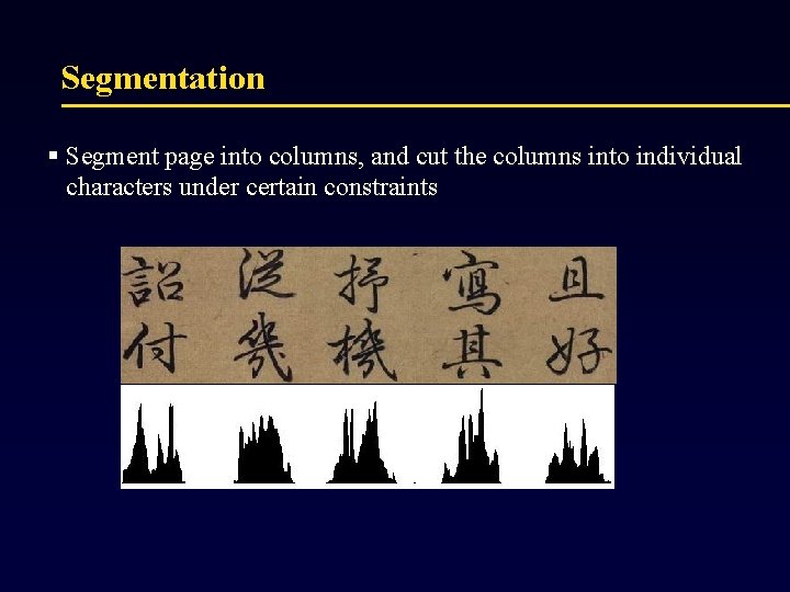 Segmentation § Segment page into columns, and cut the columns into individual characters under