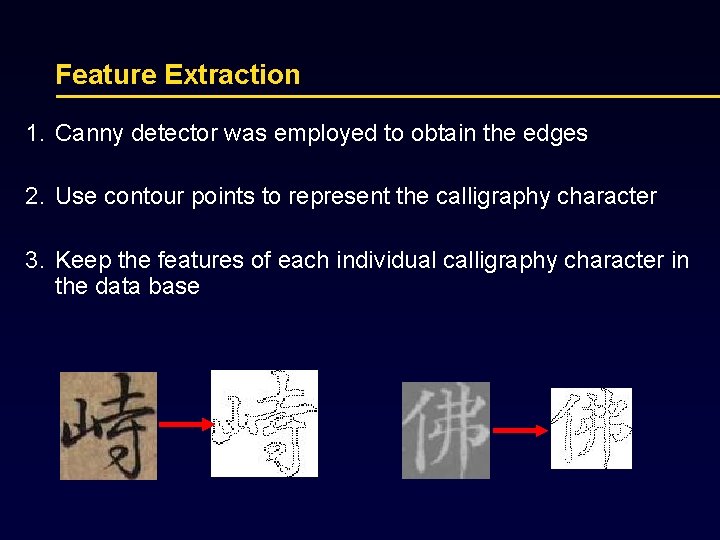Feature Extraction 1. Canny detector was employed to obtain the edges 2. Use contour
