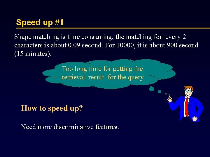 Speed up #1 Shape matching is time consuming, the matching for every 2 characters