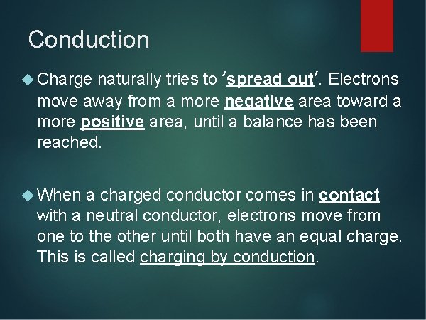 Conduction naturally tries to ‘spread out’. Electrons move away from a more negative area