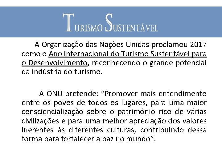  A Organização das Nações Unidas proclamou 2017 como o Ano Internacional do Turismo