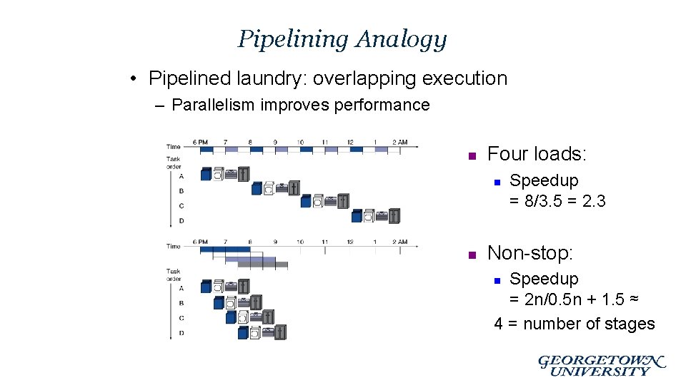 Pipelining Analogy • Pipelined laundry: overlapping execution – Parallelism improves performance n Four loads: