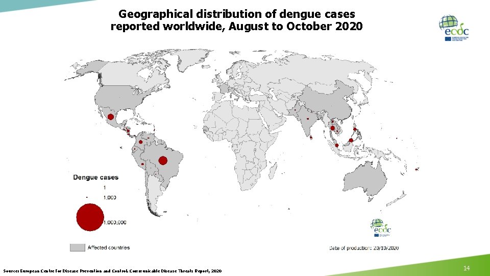 Geographical distribution of dengue cases reported worldwide, August to October 2020 Source: European Centre