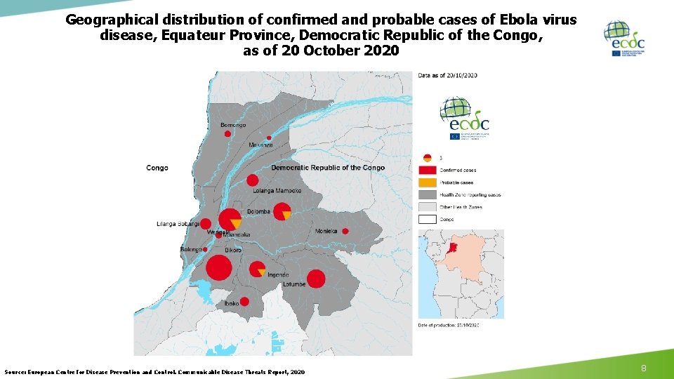 Geographical distribution of confirmed and probable cases of Ebola virus disease, Equateur Province, Democratic